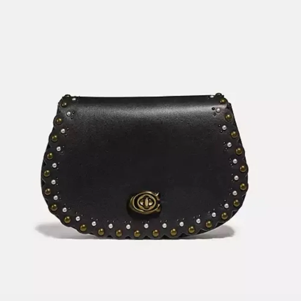 Coach Saddle Belt Bag Studded Black Leather Crossbody Belt Bag Chain Strap